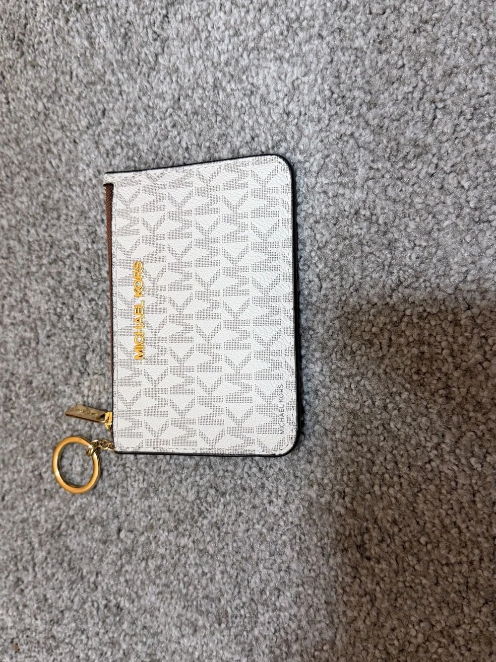Michael Kors Beige/White MK Logo Zip Card Case with Gold Hardware